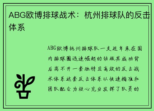 ABG欧博排球战术：杭州排球队的反击体系